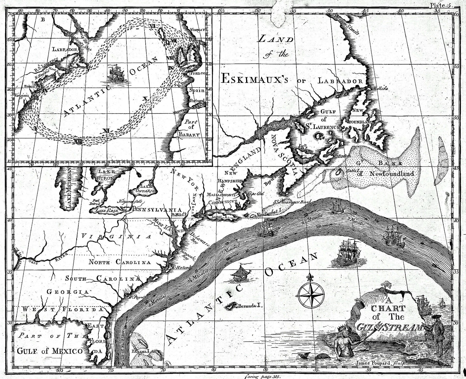 Mapa de la corriente del Golfo realizado por Benjamin Franklin en 1786.