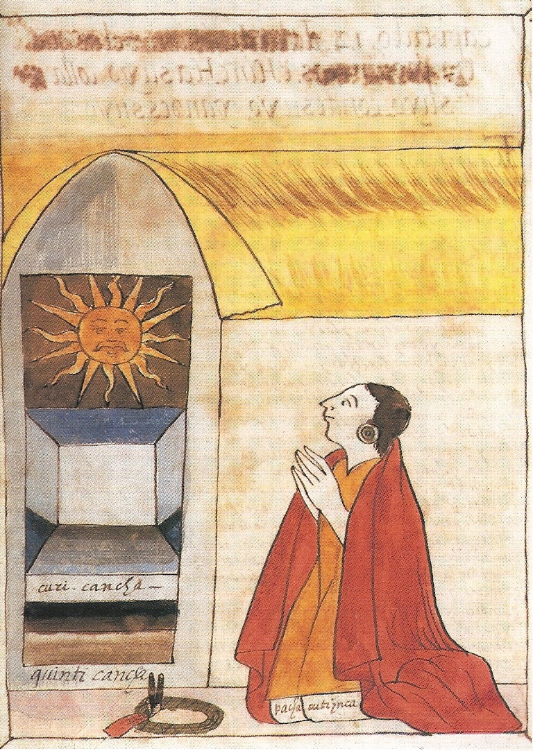 Dibujo de Martín de Murúa que muestra al inca Pachacútec adorando al Sol en el Coricancha.