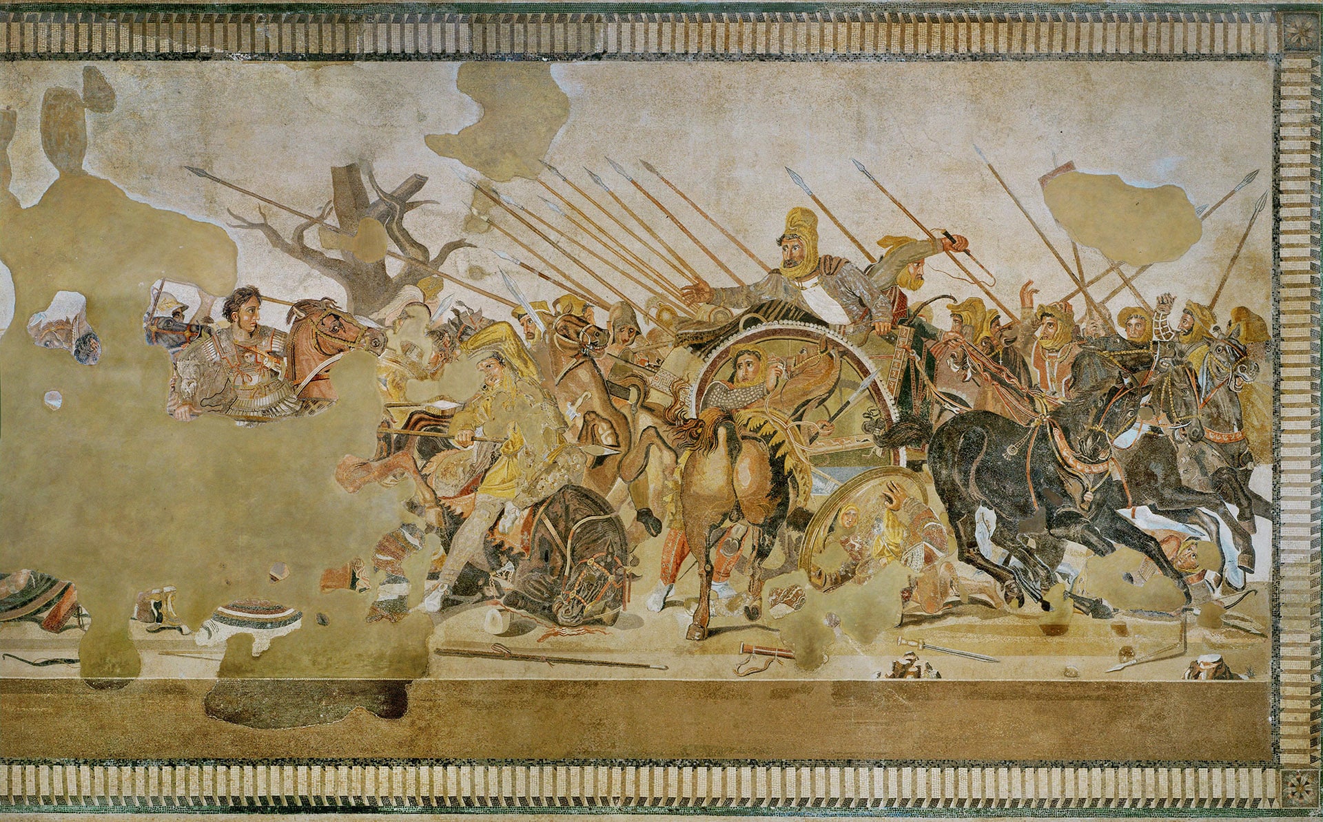 Detalle del Mosaico de Issos (copia romana del siglo I a. C.) que representa a Alejandro Magno luchando con general persa, Darío. La armadura de Alejandro tiene un gorgoneion como amuleto protector.