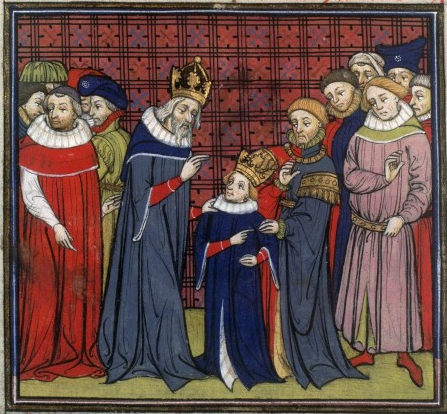 Carlomagno proclama a su hijo Luis como el único heredero de su imperio. Ilustración de las Grandes crónicas de Francia, del siglo XIV.