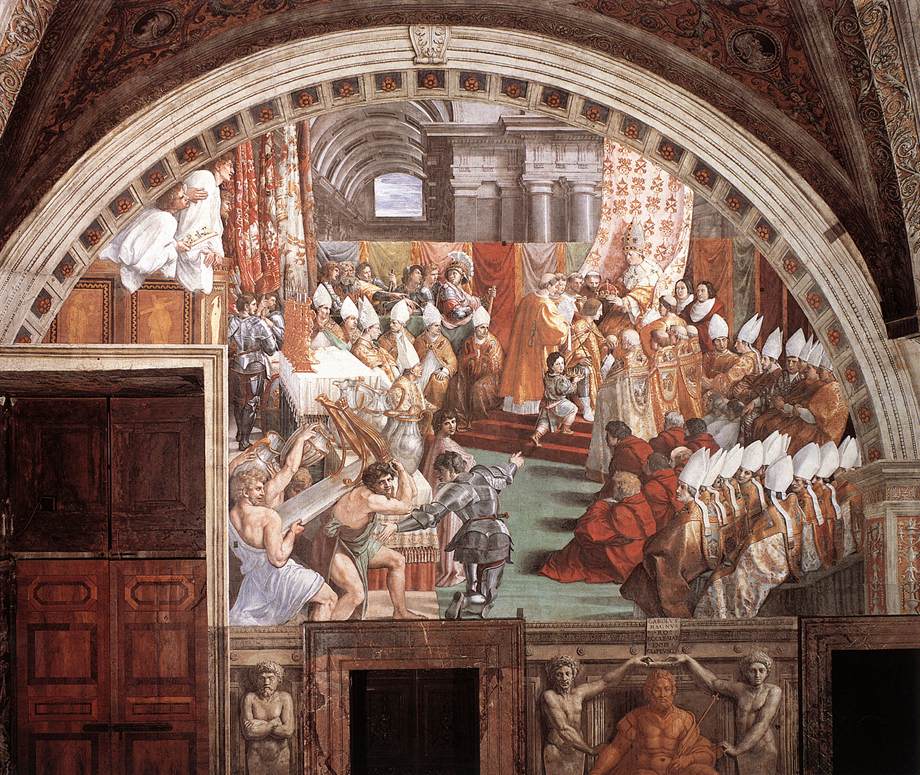 La coronación de Carlomagno, pintura realizada en el siglo XVI por el taller del artista italiano Rafael Sanzio.