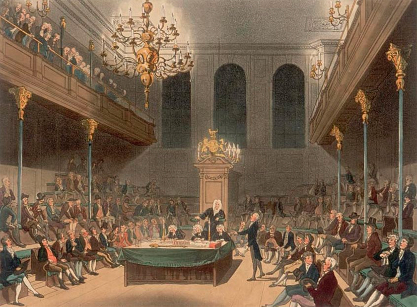 La Cámara de los Comunes del Parlamento británico, situada en el Palacio de Westminster. Dibujo realizado en 1808 por Thomas Rowlandson y August Pugin.