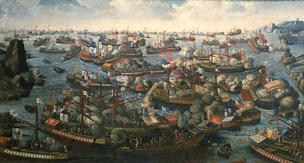 Óleo del enfrentamiento naval en la batalla de Lepanto.