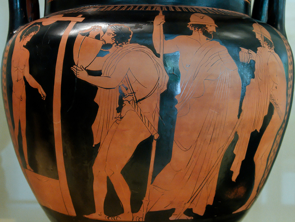 Soldados bebiendo pintados sobre una crátera del finales del siglo V a. C.