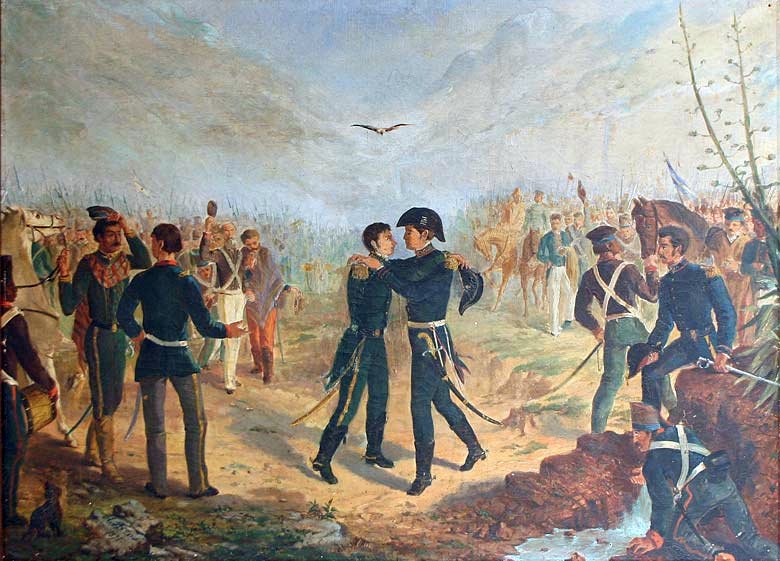 Encuentro entre Belgrano y San Martín en la Posta de Yatasto, en Salta. Pintura realizada por el artista argentino Augusto Ballerini. Instituto Nacional Sanmartiniano.