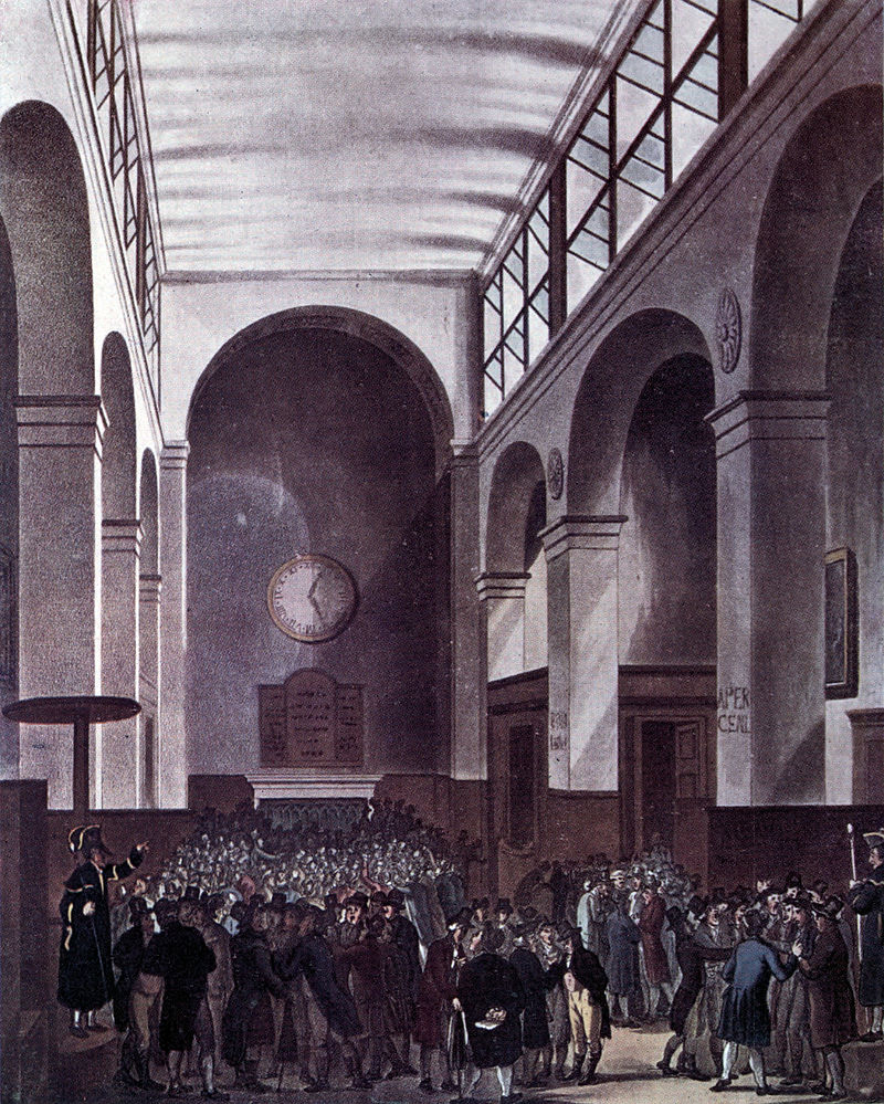 La Bolsa de Comercio de Londres en 1810. Desde fines del siglo XVIII la burguesía británica adhirió fervorosamente al liberalismo económico.