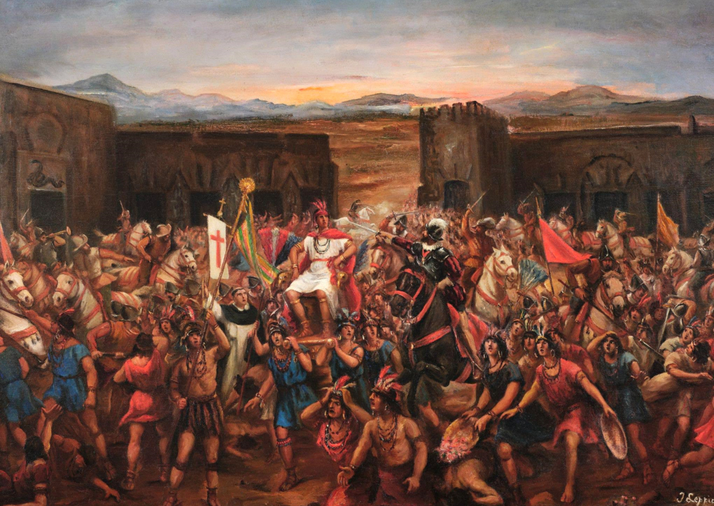 Pintura de Juan B. Lepiani que representa la captura de Atahualpa en la plaza de Cajamarca.