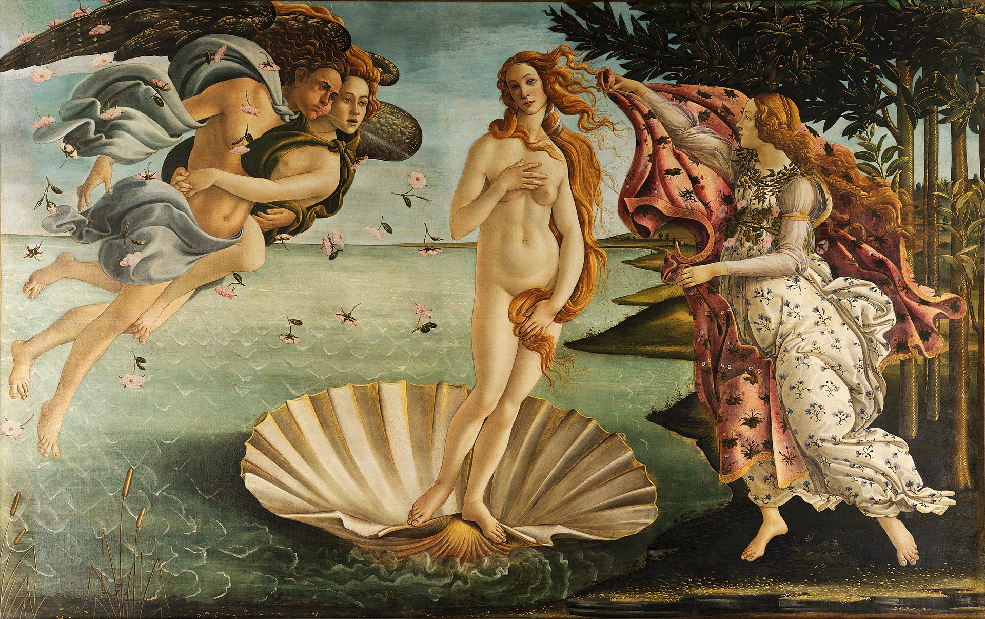 El nacimiento de Venus, 1482-85, temple sobre lienzo, 172,5cm × 278,5cm, Galería Uffizi, Florencia, Italia.