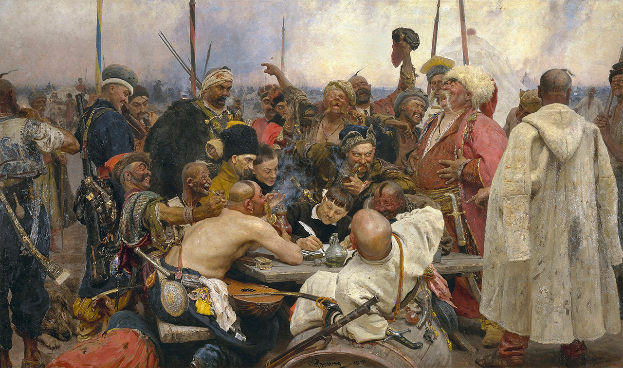 La respuesta de los cosacos de Zaporoyia al sultán Mehmed IV. Pintura realizada por Iliá Repin entre 1880 y 1890.