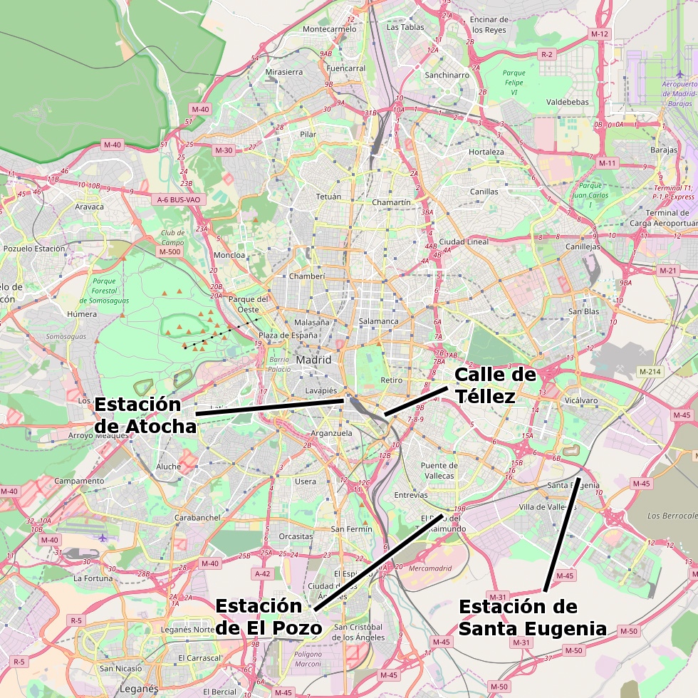 Mapa del sector de la Comunidad de Madrid que muestra los lugares donde se produjeron los atentados del 11M.