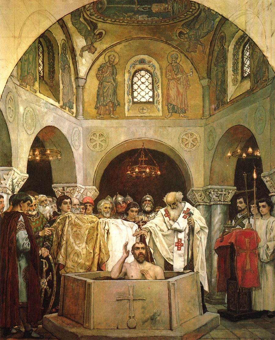 El bautismo de San Vladimiro pintura realizada por el pintor ruso Víktor Vasnetsov en 1890. El bautismo de Vladimir I de Kiev, en el 988, es considerado como el inicio de la cristianización de los pueblos eslavos.