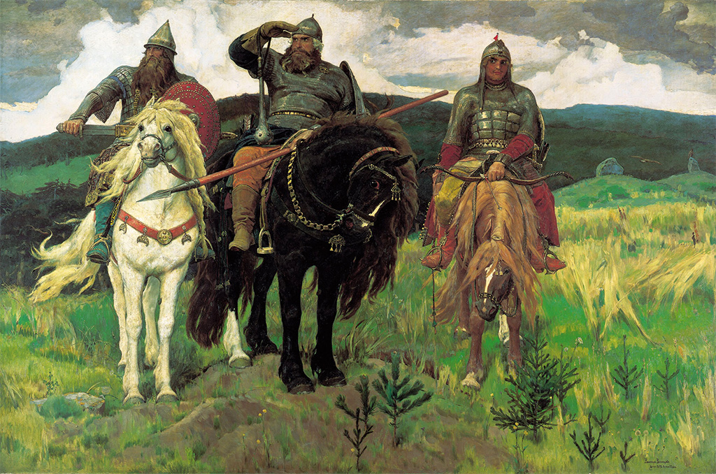 Bogatýrs (1898) del pintor ruso Víktor Vasnetsov. Los bogatýrs eran guerreros eslavos de la Edad Media, comparables a los caballeros de la Europa feudal.