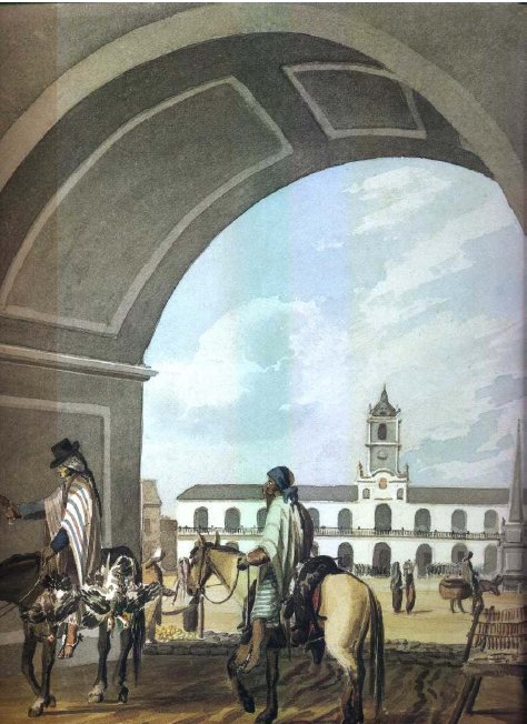 El Cabildo y la Plaza de la Victoria vistos desde la Recova. Acuarela realizada en 1817 por el británico Emeric Essex Vidal.