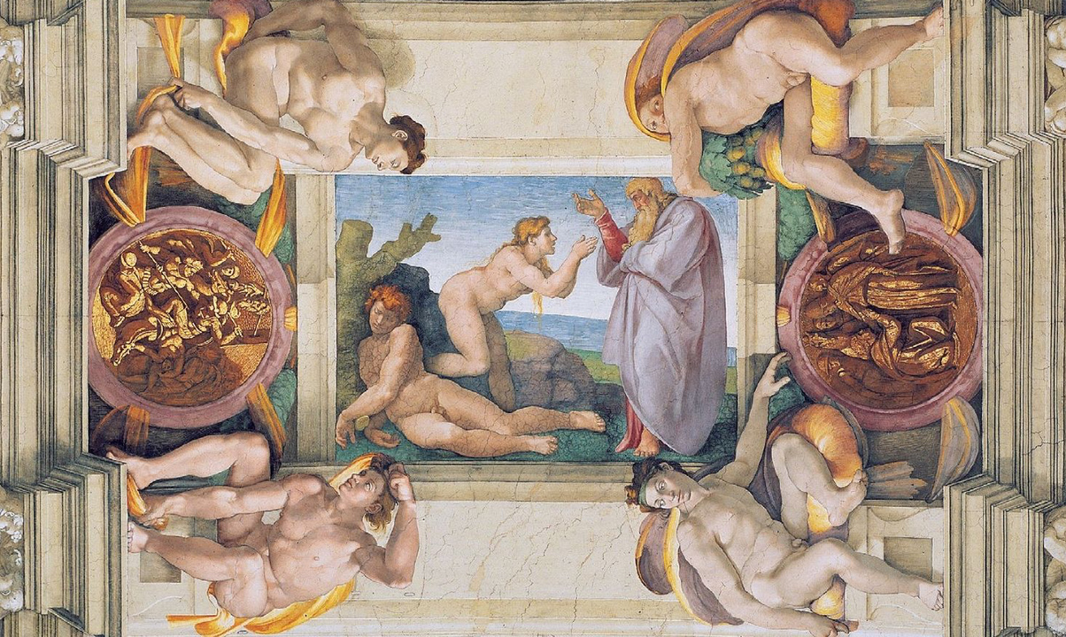 Escena de la creación de Eva, rodeada por un marco de arquitectura ficticia con cuatro ignudi y dos medallones.