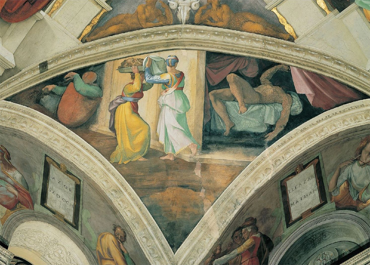 Pechina con la historia de Judith y Holofernes. Se suele considerar que la cabeza de este último, que las mujeres llevan en una bandeja, es un autorretrato de Miguel Ángel.