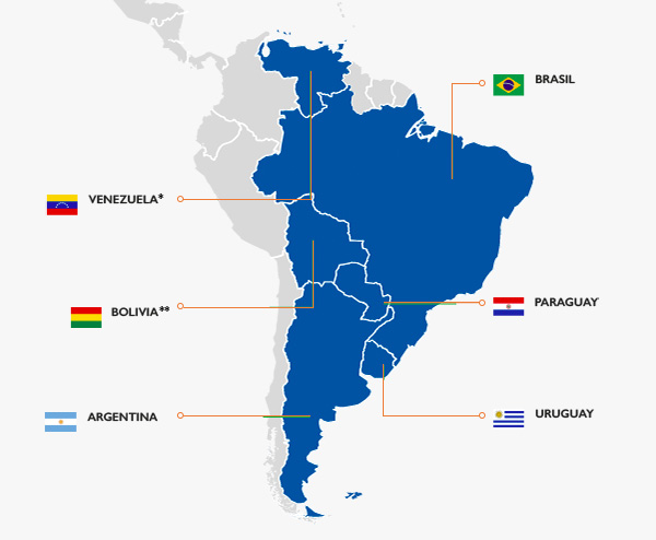 Países que integran el Mercosur. *Venezuela se encuentra suspendida desde el año 2016. **Bolivia se encontraba en proceso de adhesión pero desde noviembre 2023 es miembro pleno.