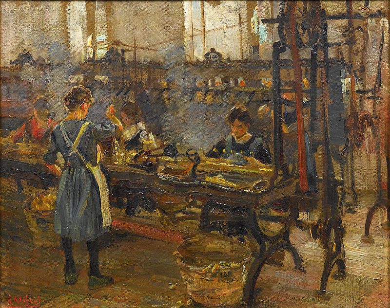 Alessandro Milesi, La hilandería. En las primeras fábricas era común el trabajo de niños y niñas durante largas horas y sin ninguna protección.
