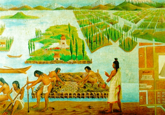 Representación del cultivo de la cultura azteca