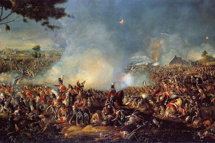 La batalla de Waterloo, enfrentamiento bélico que puso fin al Imperio napoleónico. Pintura realizada en 1815 por el artista irlandés William Sadler. 