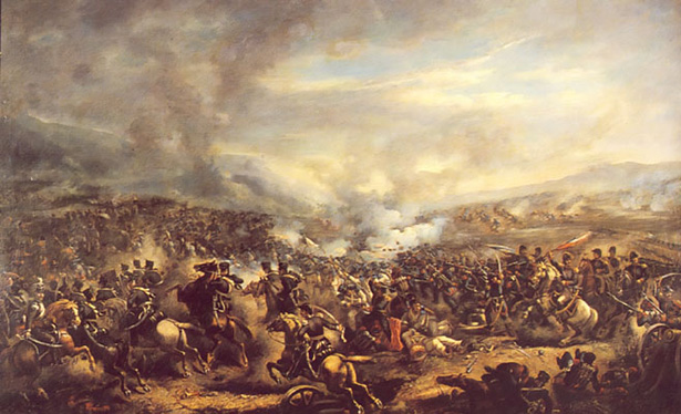 Representación de la batalla del Roble, el 17 de octubre de 1813. Durante esta batalla, las tropas patriotas comandadas por Carrera y O'Higgins vencieron a los realistas.