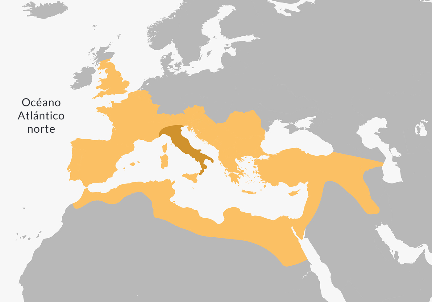 Extensión de la civilización romana en el momento de su máxima expansión, aproximadamente en el año 117.