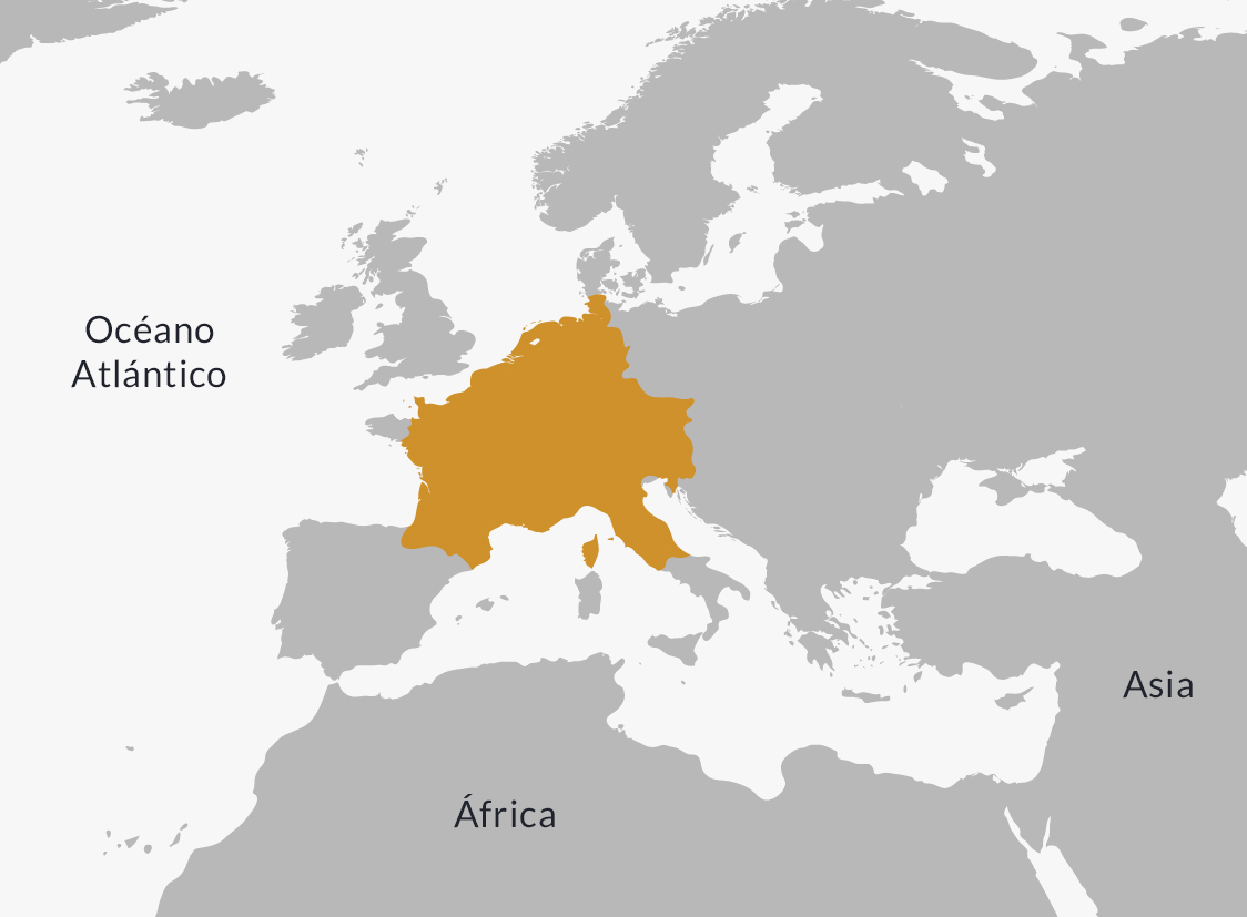 Ubicación del Imperio carolingio hacia el 804, año en el que alcanzó su máxima extensión.