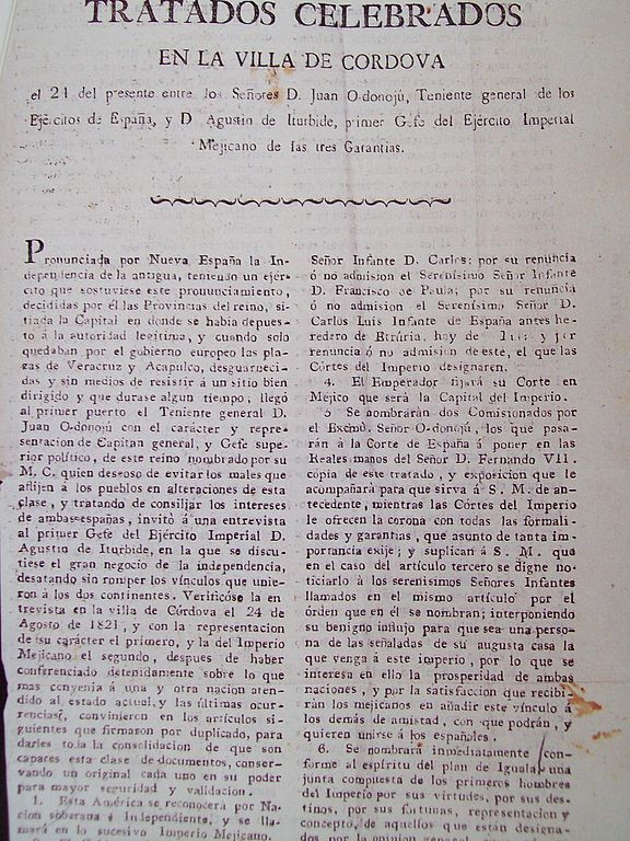 Versión impresa de los Tratados de Córdoba, firmados el 24 de agosto de 1821 por Iturbide y O’Donojú.