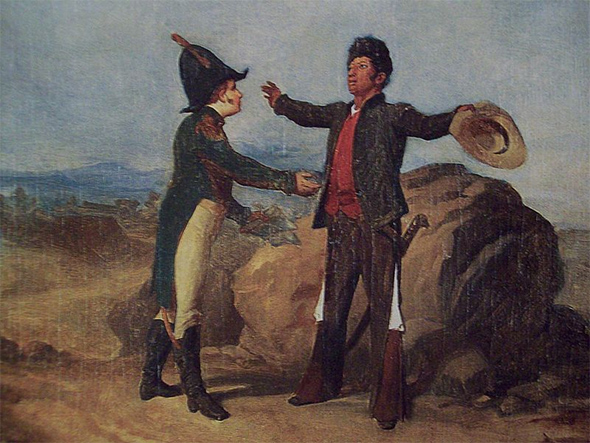 Representación del Abrazo de Acatempan entre Vicente Guerrero y Agustín de Iturbide. Pintura realizada por el artista mexicano Román Sagredo, en 1870.