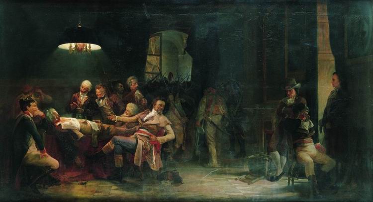 Robespierre, tendido sobre una mesa con una herida en la boca, Saint-Just, Georges Couthon y otros jacobinos detenidos en una sala del Comité de Salvación Pública. Pintura realizada en 1864 por el artista ruso Valery Jacobi.