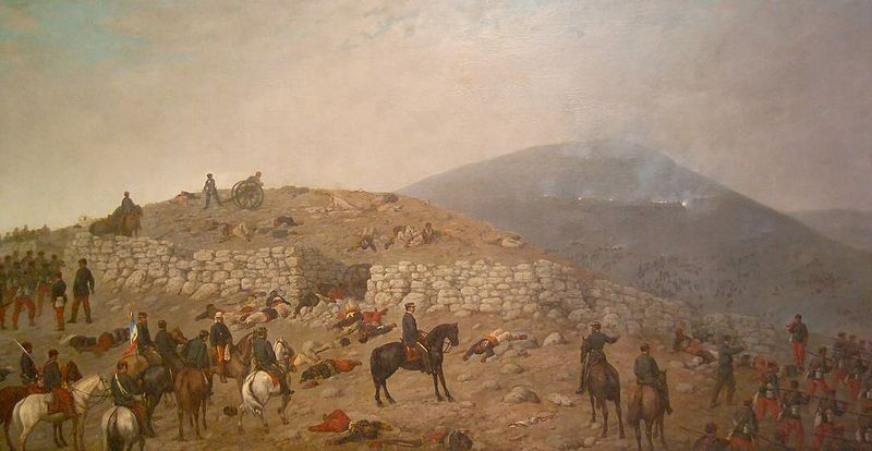 El ejército chileno durante una batalla de la guerra del Pacífico, según una pintura de Juan Mochi, 1886.