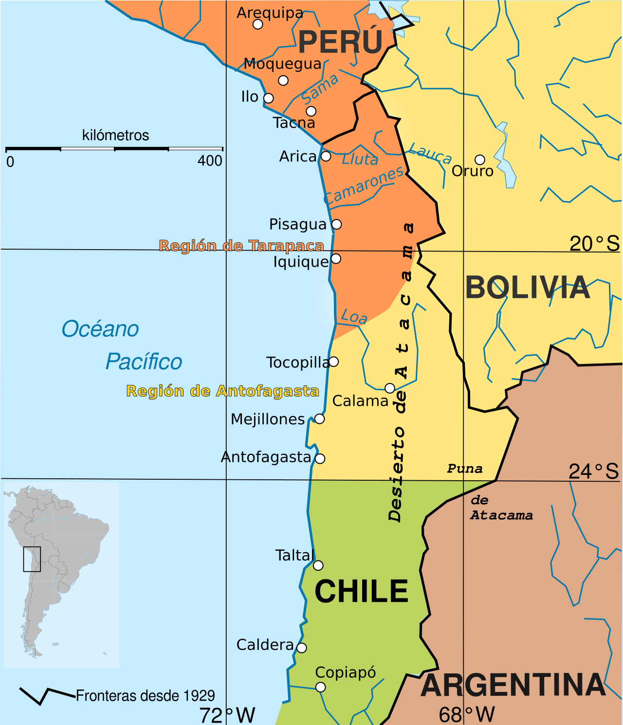 Demarcación esquemática de los territorios bolivianos, peruanos y chilenos antes del inicio de la guerra. La línea negra continua señala las fronteras desde 1929, tras la firma del Tratado de Lima. 