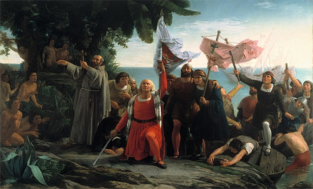 Primer desembarco de Cristóbal Colón en América, Dióscoro Puebla, 1862.