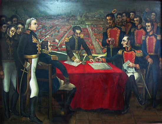 Capitulación de Quito (1822), pintura del artista ecuatoriano Antonio Salas Avilés, que representa la rendición de los realistas al término de la batalla de Pichincha.
