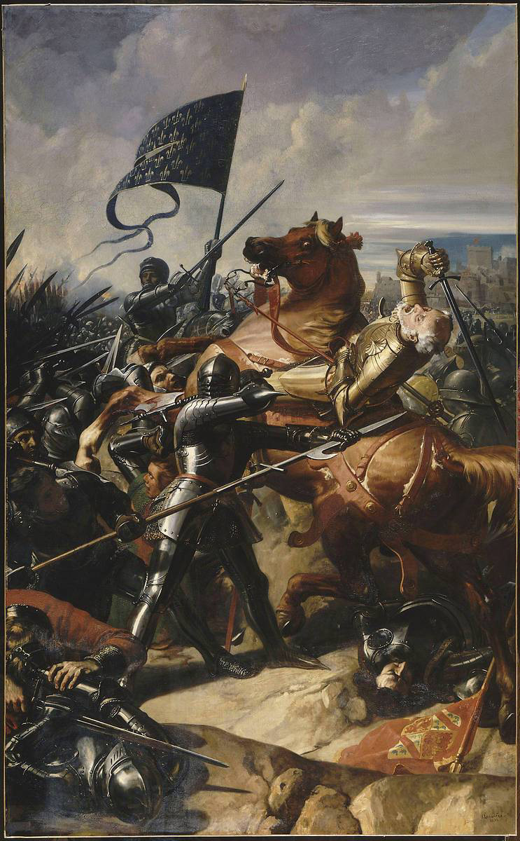 La batalla de Castillón, que tuvo lugar el 17 de julio de 1453, fue el último enfrentamiento armado de la guerra de los 100 Años. Pintura realizada en 1839 por el artista francés Charles-Philippe Larivière.