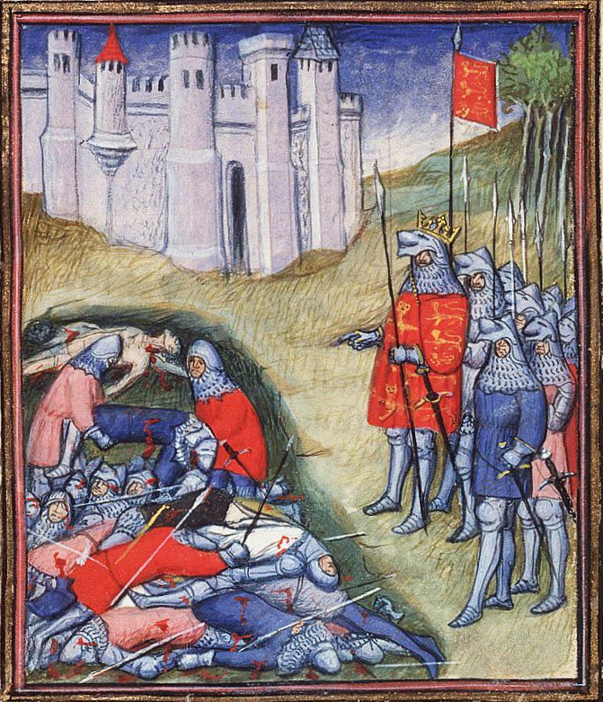 El rey inglés Eduardo III contando los muertos en el campo de batalla de Crécy. Se encuentra en las crónicas medievales de Jean Froissart.