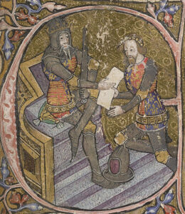 Eduardo de Woodstock, Príncipe de Gales, recibe los derechos sobre el ducado Aquitania de su padre, Eduardo III de Inglaterra. Manuscrito de fines del siglo XIV.