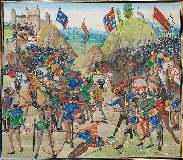 Representación de la batalla de Crécy, durante la guerra de los 100 Años. Se encuentra en las crónicas medievales de Jean Froissart.