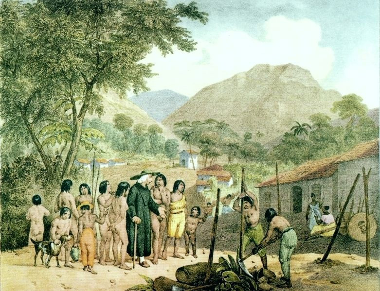 Un sacerdote europeo durante una misión evangelizadora en Brasil. Acuarela del pintor alemán Juan Mauricio Rugendas, 1821.