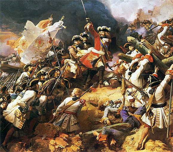 Batalla de Denain, entre borbónicos y austracistas, durante la guerra de Sucesión española. Pintura realizada por el artista francés Jean Alaux en 1839. Palacio de Versalles.