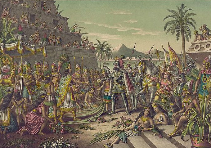 Encuentro entre Cortés y Moctezuma en Tenochtitlán, por Kurz &amp; Allison.