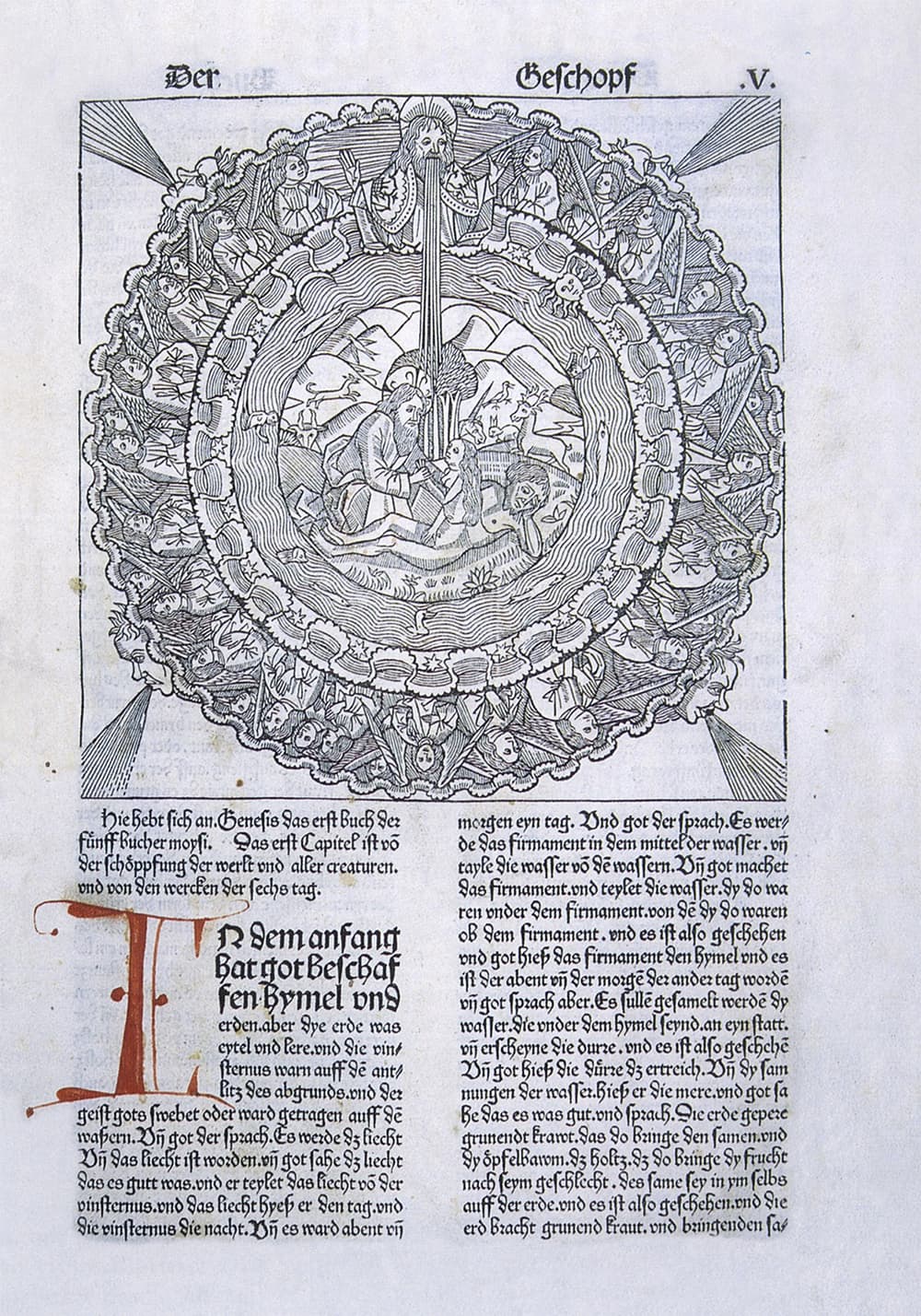 Primera página del libro del Génesis en una biblia alemana de 1483.