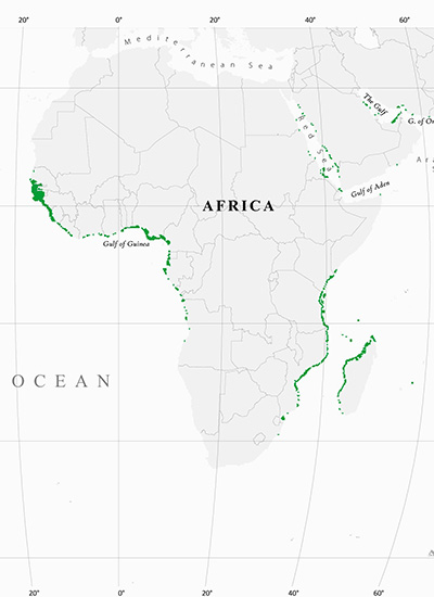 En verde, ubicación de los manglares en África.