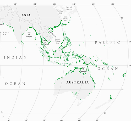 En verde, ubicación manglares en Asia y Oceanía.