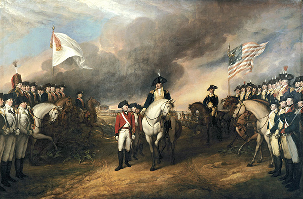 Rendición de las tropas británicas ante las estadounidenses al finalizar la batalla de Yorktown, en 1781.