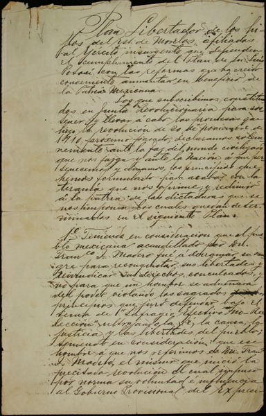 Copia manuscrita del Plan de Ayala, redactado por Emiliano Zapata y Otilio Montaño Sánchez en 1911.