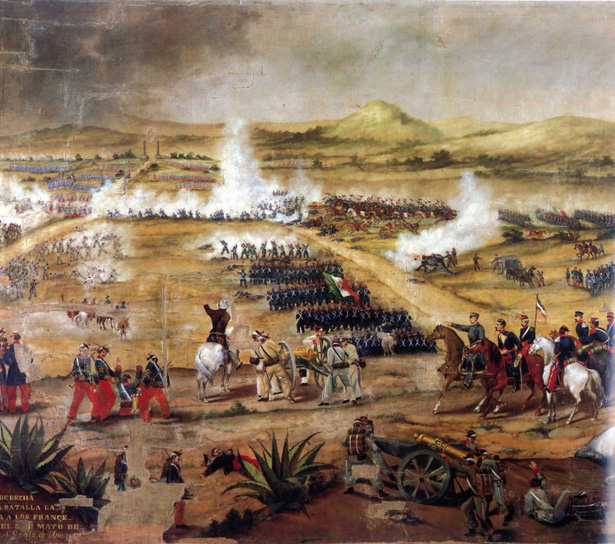 Representación de la batalla de Puebla. Pintura realizada por un pintor desconocido hacia 1870.