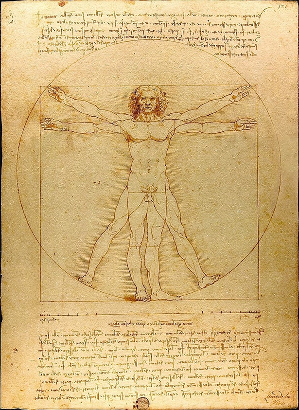 Hombre de Vitruvio, estudio de las proporciones humanas realizado por Leonardo da Vinci a partir del texto del arquitecto romano del siglo I a. C., Marco Vitruvio Polión.