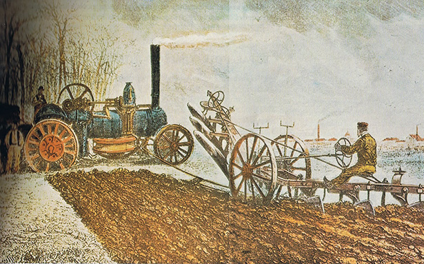 Ilustración de hombres trabajando con maquinaria durante la Revolución Agrícola.