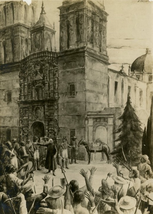 Miguel Hidalgo y Costilla arengando al pueblo durante el llamado Grito de Dolores, el 16 de septiembre de 1810. Grabado realizado por Adrián Unzueta en 1910.