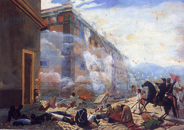 Toma de la Alhóndiga de Granaditas de Guanajuato por las huestes independentistas, el 28 de septiembre de 1810. Pintura realizada por el artista mexicano Juan Díaz del Castillo, en 1910.